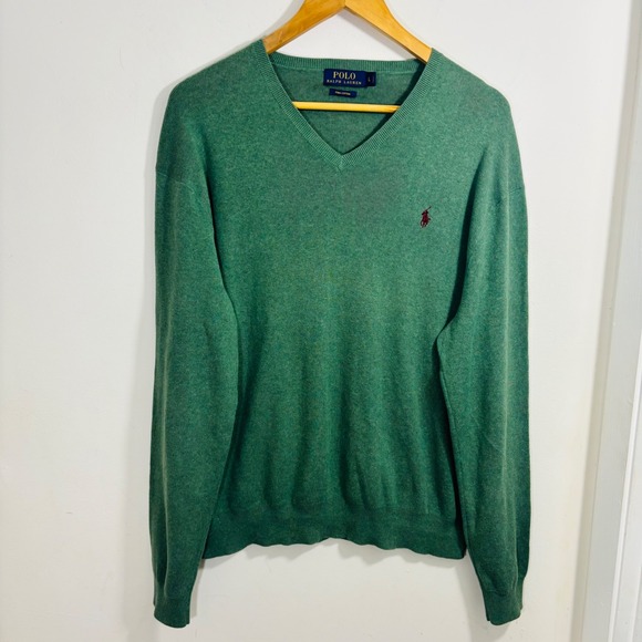 Polo Ralph Lauren Mens Green Pima Cotton V-Neck Sweater Pony Logo Sz Large - Picture 2 of 6
